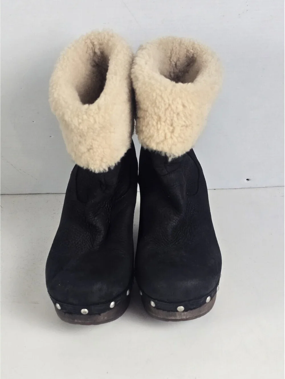 UGG Australia Black Leather Shearling Wedge Clog Boots Studded Wood Heel Size 11